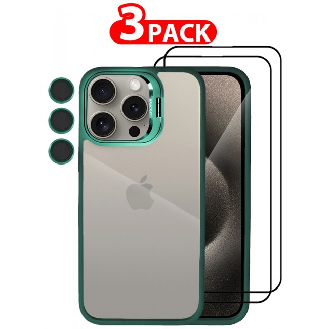 MARGOUN 3 Pack iPhone 15 Pro Case Cover and Lens Protector and 2 Screen Protectors Built-in Camera Stand and Compatible with MagSafe Full Body Shockproof Case Clear Green