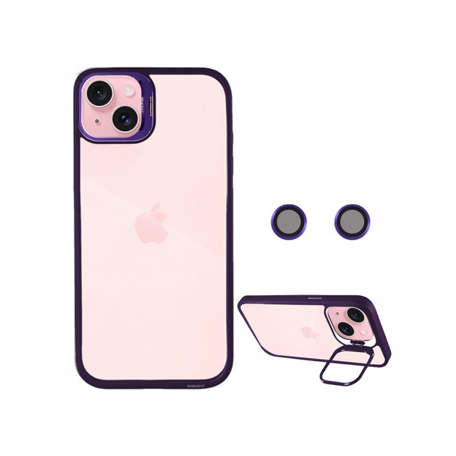 MARGOUN iPhone 15 Plus Case Cover and Lens Protector Built-in Camera Stand and Compatible with MagSafe Full Body Shockproof Case Clear Purple