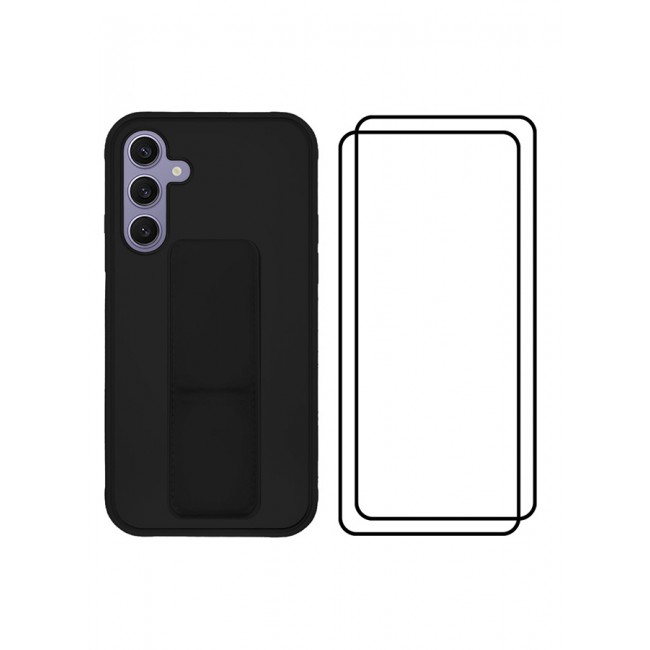 MARGOUN 3 Packs For Samsung Galaxy S24 Plus Case and 2 Screen Protectors Magnetic Stand and Holder Premium Silicone Vertical and Horizontal Hand Strap Grip Multi Stand Cover Black