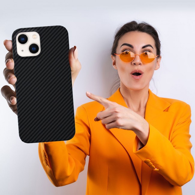 iPhone 14 Plus Case Carbon Fiber Texture Anti-Fingerprint Slim Shockproof Cover 6.7 inch Black