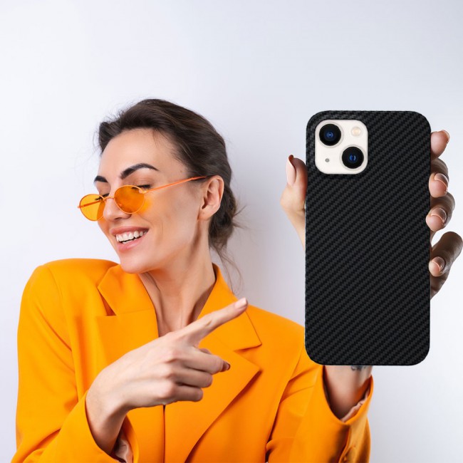 iPhone 14 Case Carbon Fiber Texture Anti-Fingerprint Slim Shockproof Cover 6.1 inch Black