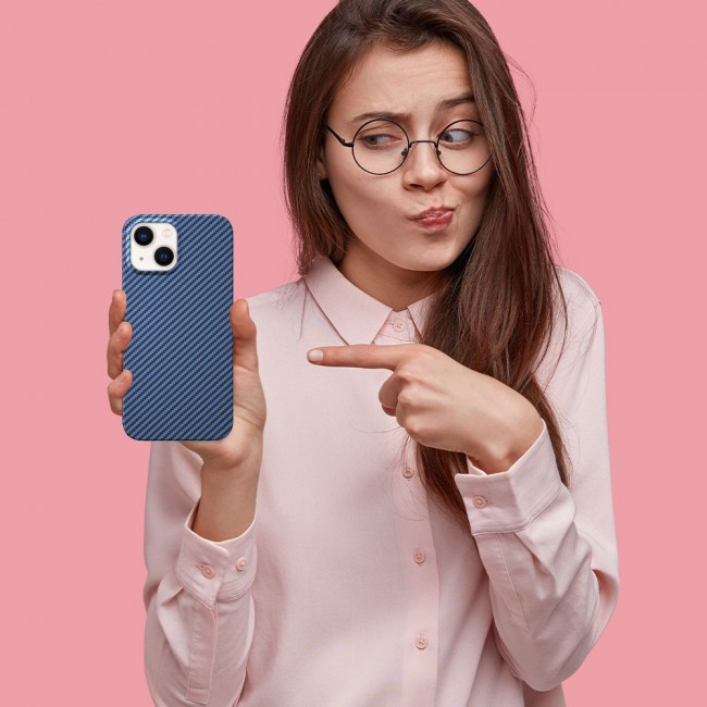 iPhone 14 Plus Case Carbon Fiber Texture Anti-Fingerprint Slim Shockproof Cover 6.7 inch Dark Blue