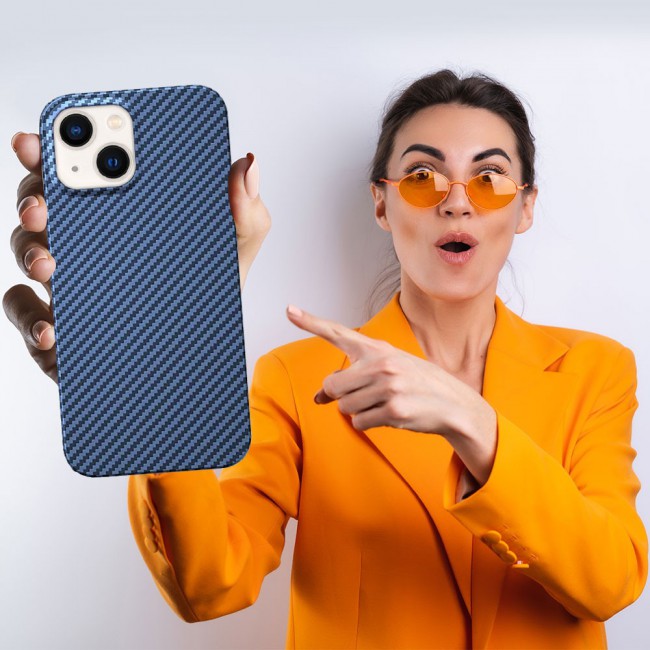 iPhone 14 Plus Case Carbon Fiber Texture Anti-Fingerprint Slim Shockproof Cover 6.7 inch Dark Blue