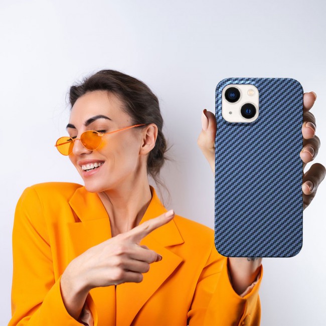 iPhone 14 Case Carbon Fiber Texture Anti-Fingerprint Slim Shockproof Cover 6.1 inch Dark Blue