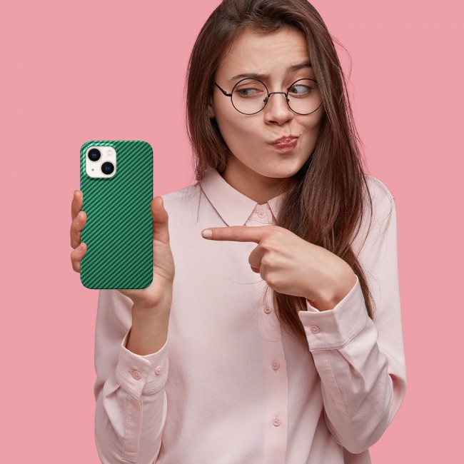 iPhone 14 Plus Case Carbon Fiber Texture Anti-Fingerprint Slim Shockproof Cover 6.7 inch Green