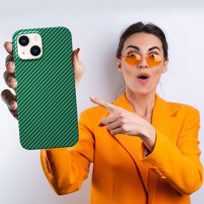 iPhone 14 Plus Case Carbon Fiber Texture Anti-Fingerprint Slim Shockproof Cover 6.7 inch Green