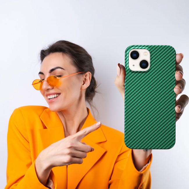 iPhone 14 Plus Case Carbon Fiber Texture Anti-Fingerprint Slim Shockproof Cover 6.7 inch Green
