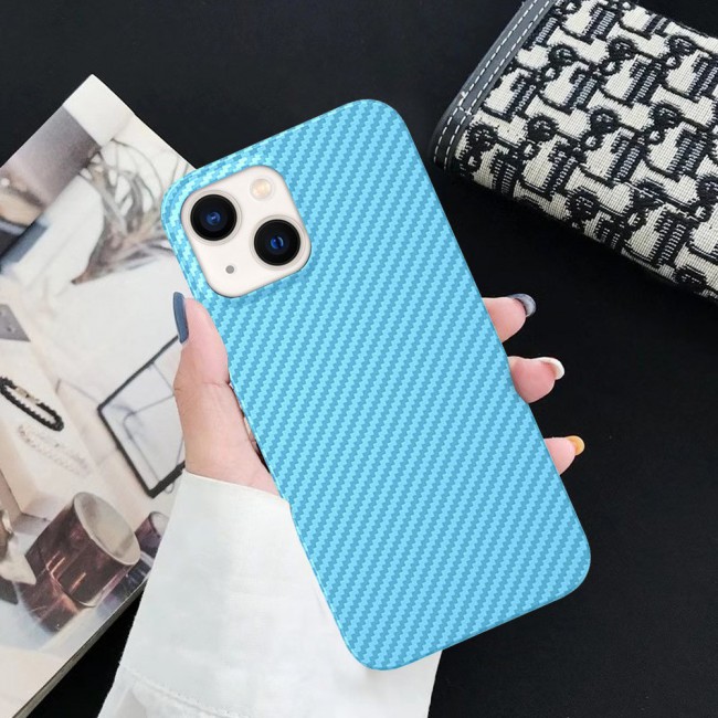 iPhone 14 Plus Case Carbon Fiber Texture Anti-Fingerprint Slim Shockproof Cover 6.7 inch Light Blue