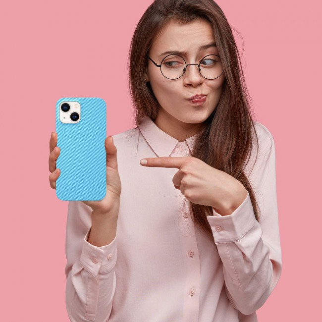 iPhone 14 Plus Case Carbon Fiber Texture Anti-Fingerprint Slim Shockproof Cover 6.7 inch Light Blue