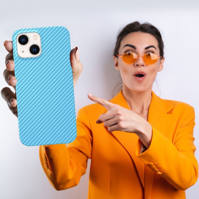 iPhone 14 Plus Case Carbon Fiber Texture Anti-Fingerprint Slim Shockproof Cover 6.7 inch Light Blue