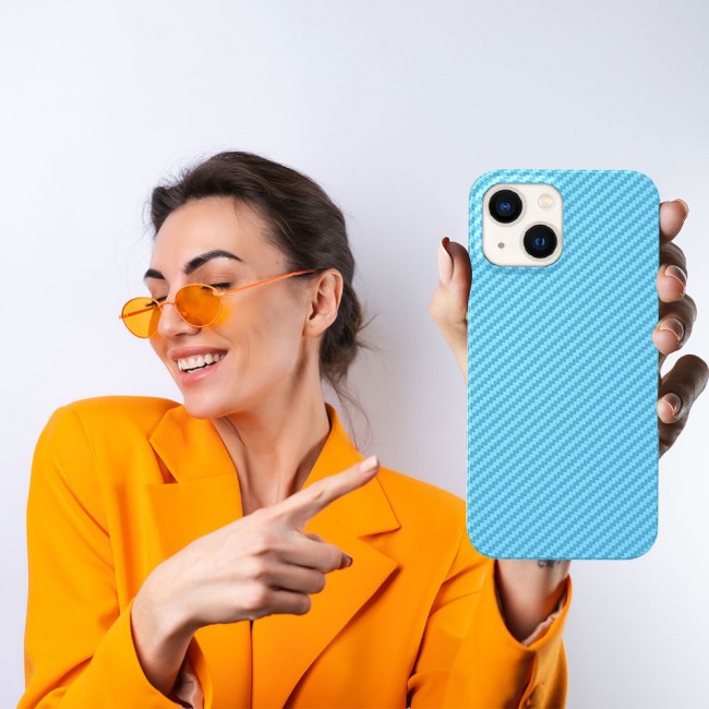 iPhone 14 Case Carbon Fiber Texture Anti-Fingerprint Slim Shockproof Cover 6.1 inch Light Blue