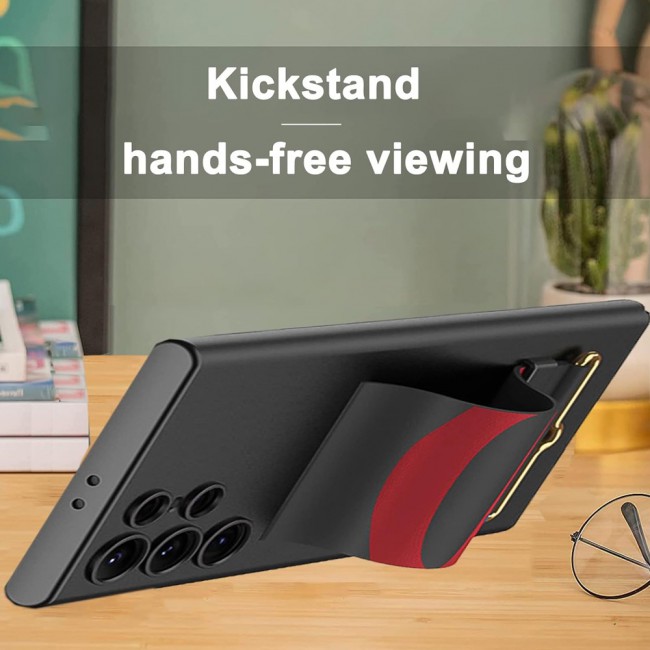 CATANES Samsung Galaxy S24 Ultra Case Ultra-Thin Hard Shockproof PC and PU Leather Wristband Cover Phone Case Luxury Slim Wrist Strap Kickstand Full Protective Anti-Scratch Case Black