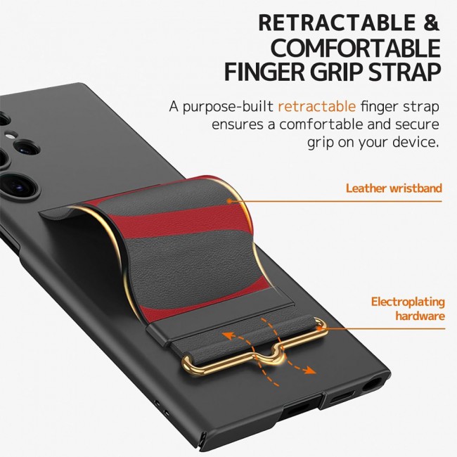 CATANES Samsung Galaxy S24 Ultra Case Ultra-Thin Hard Shockproof PC and PU Leather Wristband Cover Phone Case Luxury Slim Wrist Strap Kickstand Full Protective Anti-Scratch Case Black