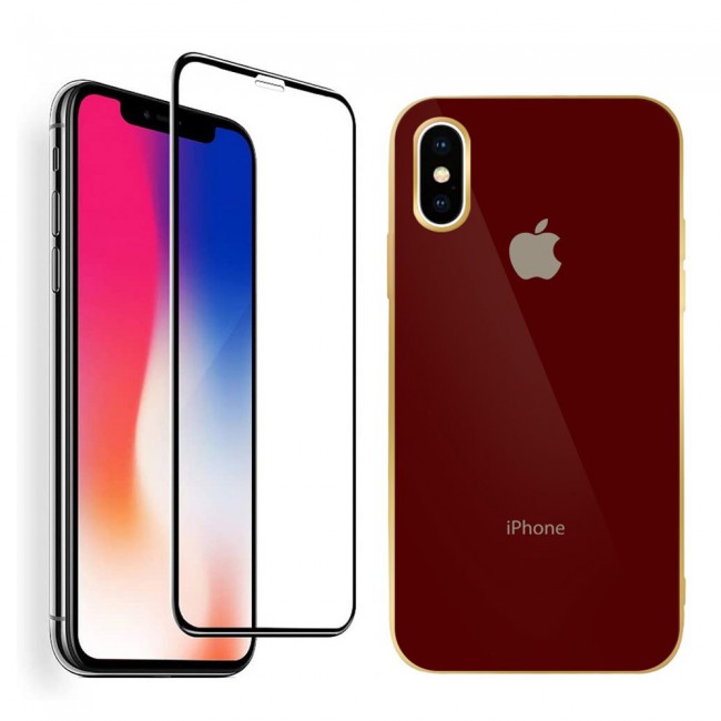 2Pack Hicool iPhone X and XS Case Cover Gold Edge with 3D Screen Protector - Maroon
