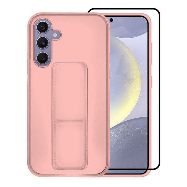 MARGOUN 2 Packs For Samsung Galaxy S24 Plus Case and Screen Protector Magnetic Stand and Holder Premium Silicone Vertical and Horizontal Hand Strap Grip Multi Stand Cover Pink