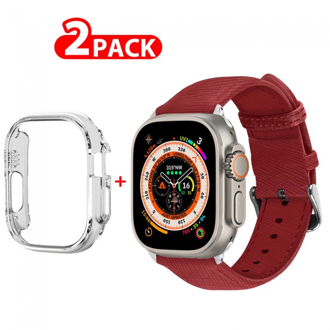 MARGOUN 2 Packs For Apple Watch Band 49mm Premium Leather Band Buckle Strap Wristband and Clear Cup Holder/ Red