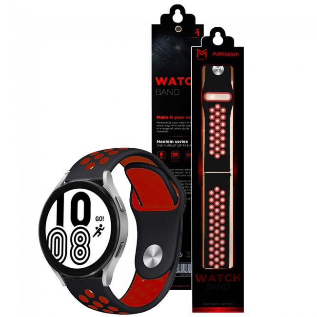 20mm Silicone Nike Design Band for Samsung Galaxy Watch 4 and 4 Classic 40-44mm 42-46mm Henlein Series by Margoun - Black Red
