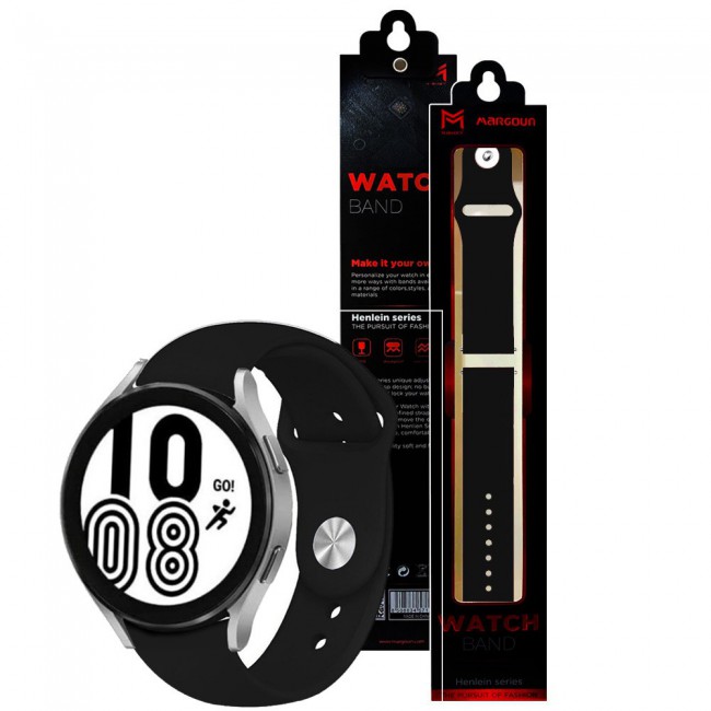 20mm Soft Silicone Band for Samsung Galaxy Watch 4 and 4 Classic 40-44mm 42-46mm Henlein Series by Margoun - Black