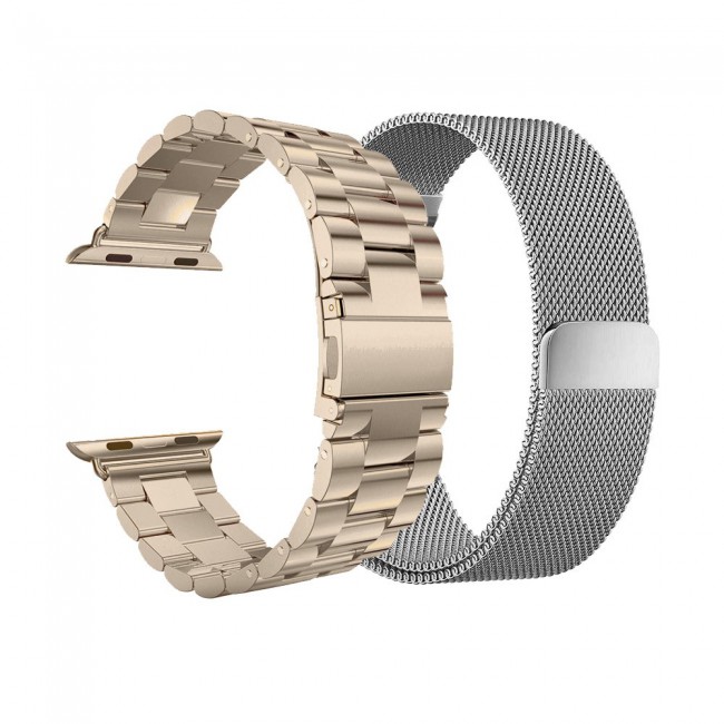 2Pack Apple Watch Band 42-44-45mm Magnetic Milanese and Stainless Steel Buckle Strap by Margoun – Gold Silver