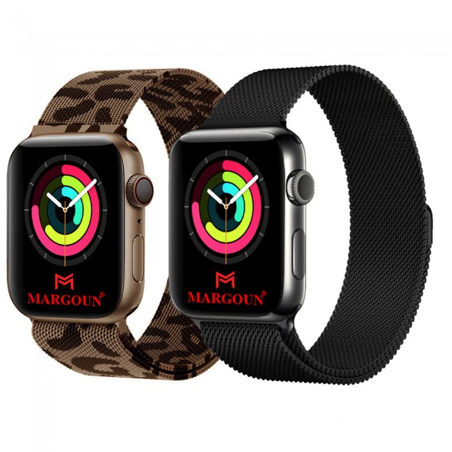 2Pack Apple Watch Band 42-44-45mm Magnetic Milanese Strap by Margoun – Leopard and Black