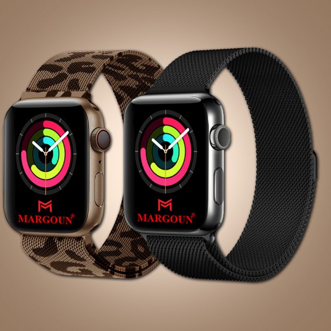 2Pack Apple Watch Band 42-44-45mm Magnetic Milanese Strap by Margoun – Leopard and Black