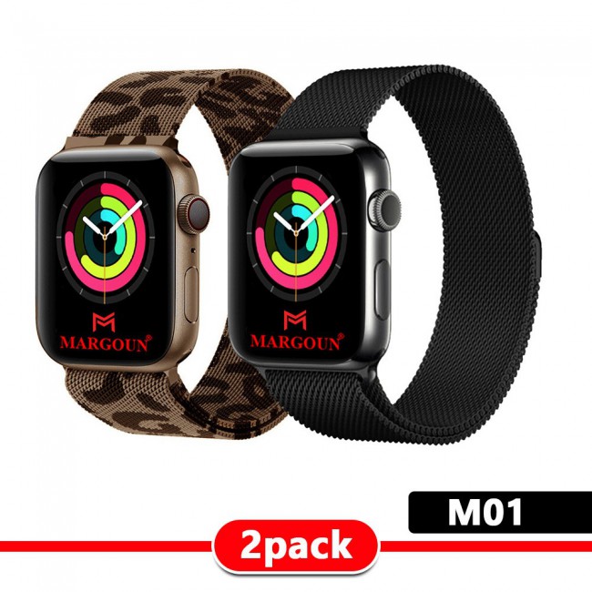2Pack Apple Watch Band 42-44-45mm Magnetic Milanese Strap by Margoun – Leopard and Black