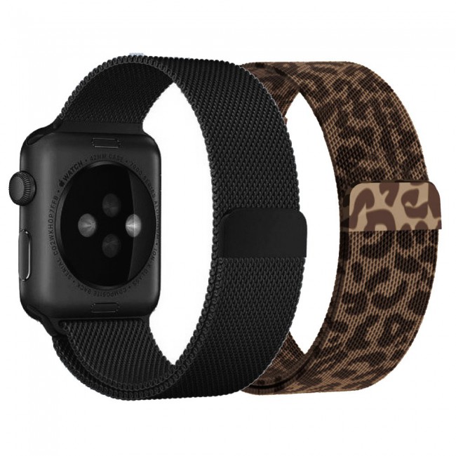 2Pack Apple Watch Band 42-44-45mm Magnetic Milanese Strap by Margoun – Leopard and Black