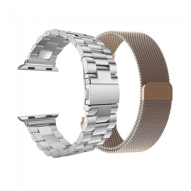 2Pack Apple Watch Band 42-44-45mm Magnetic Milanese and Stainless Steel Buckle Strap by Margoun – Silver Gold