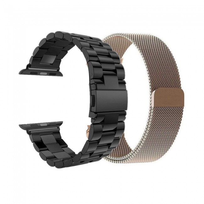 2Pack Apple Watch Band 42-44-45mm Magnetic Milanese and Stainless Steel Buckle Strap by Margoun – Black Gold