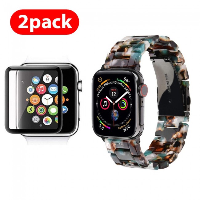 2Pack Apple Watch Band Resin Strap with 3D Screen Protector 44mm by Margoun - Marble White Brown