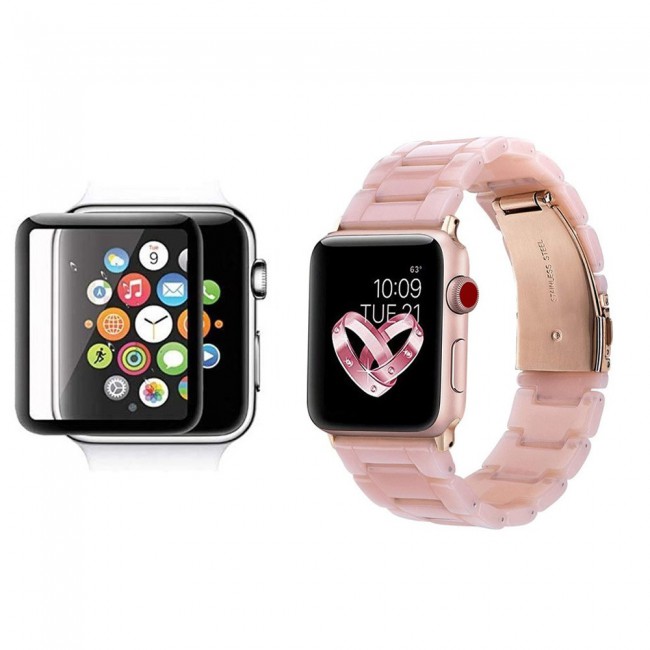 2Pack Apple Watch Band Resin Strap with 3D Screen Protector 44mm by Margoun - Marble Light Pink