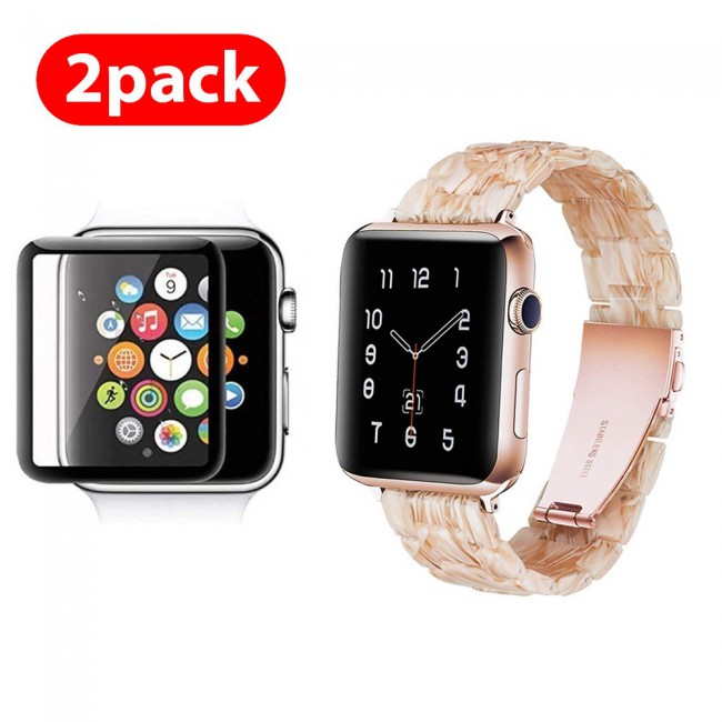 2Pack Apple Watch Band Resin Strap with 3D Screen Protector 44mm by Margoun - Marble White Brown