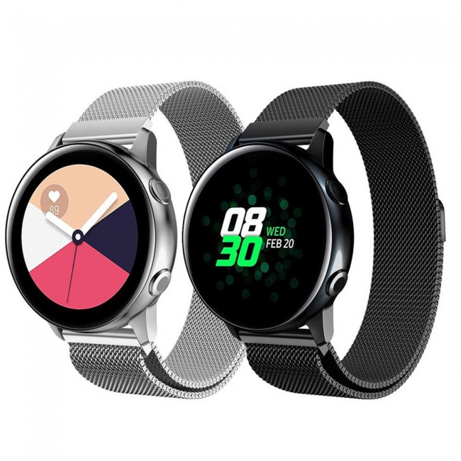 2Pack 20mm Samsung Galaxy Watch Active and Active 2 Milanese Band 40 - 44mm Henlein Series by Margoun - Silver Black
