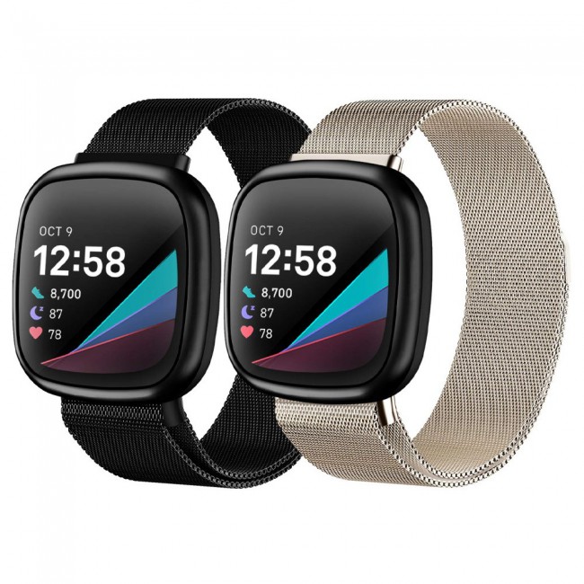 2Pack Milanese Band for Fitbit Versa 3 and Fitbit Sense with Magnet Lock Henlein Series by Margoun - Black Light Gold