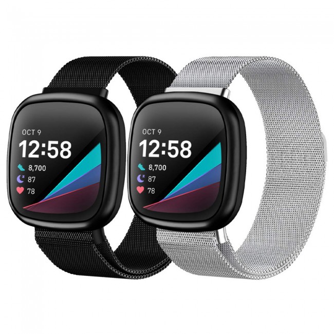 2Pack Milanese Band for Fitbit Versa 3 and Fitbit Sense with Magnet Lock Henlein Series by Margoun - Silver Black