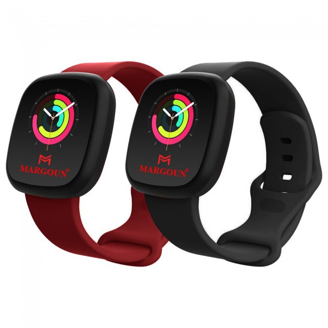 2Pack Silicone Rubber Infinity Band for Fitbit Versa 3 Medium-Long Length 230mm by Margoun - Dark Red Black