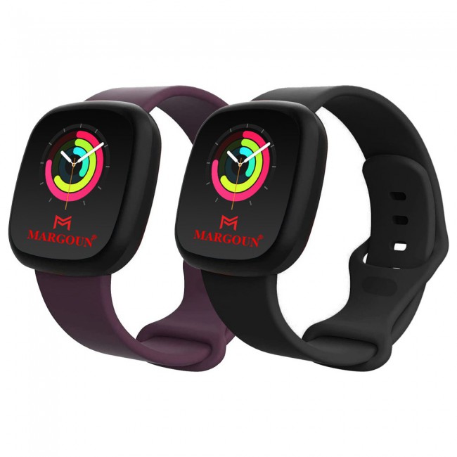 2Pack Silicone Rubber Infinity Band for Fitbit Versa 3 Medium-Long Length 230mm Henlein Series by Margoun - Purple Black