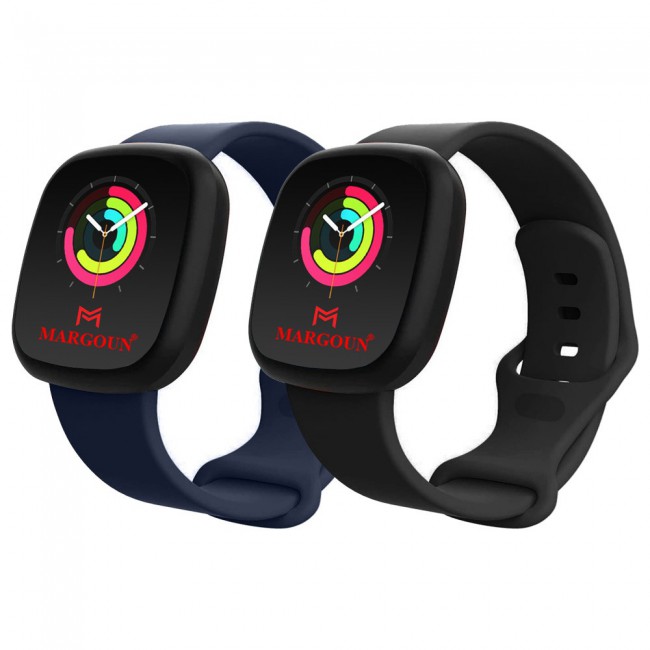 2Pack Silicone Rubber Infinity Band for Fitbit Versa 3 Medium-Long Length 230mm Henlein Series by Margoun - Dark Blue Black