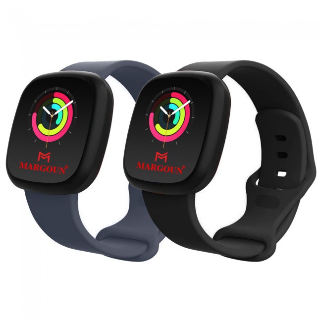 2Pack Silicone Rubber Infinity Band for Fitbit Versa 3 Medium-Long Length 230mm Henlein Series by Margoun - Blue Black