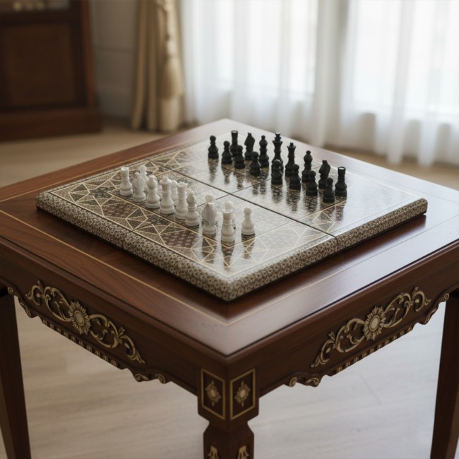 MARGOUN 2-in-1 Handmade Chess and Backgammon Board, Luxury Khatamkari Inlaid Wooden Game Set, Foldable Decorative Board Game 50 * 50 Cm With Suitcase-Style Case (B)