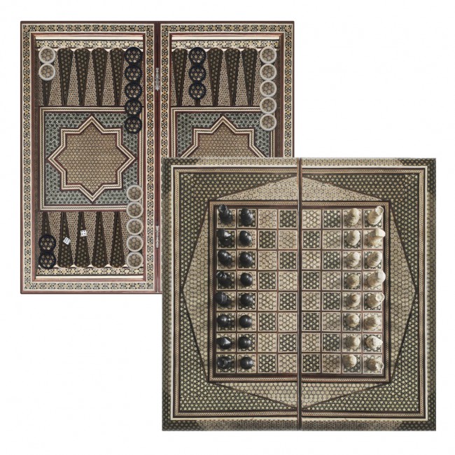 MARGOUN 2-in-1 Handmade Chess and Backgammon Board, Luxury Khatamkari Inlaid Wooden Game Set, Foldable Decorative Board Game 50 * 50 Cm With Suitcase-Style Case (C)