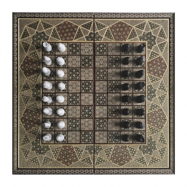 MARGOUN 2-in-1 Handmade Chess and Backgammon Board, Luxury Khatamkari Inlaid Wooden Game Set, Foldable Decorative Board Game 50 * 50 Cm With Suitcase-Style Case (A)
