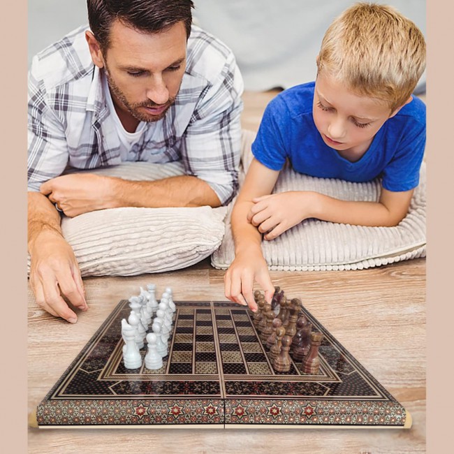 MARGOUN Handmade Chess Board and Backgammon Decorative Chess Gift Wooden Backgammon Set Khatam Chess /Brown