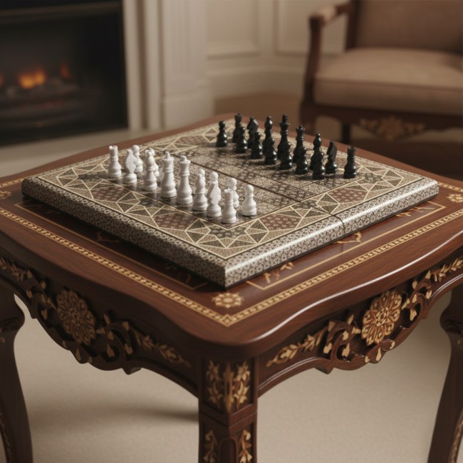 MARGOUN 2-in-1 Handmade Chess and Backgammon Board, Luxury Khatamkari Inlaid Wooden Game Set, Foldable Decorative Board Game 50 * 50 Cm With Suitcase-Style Case (A)