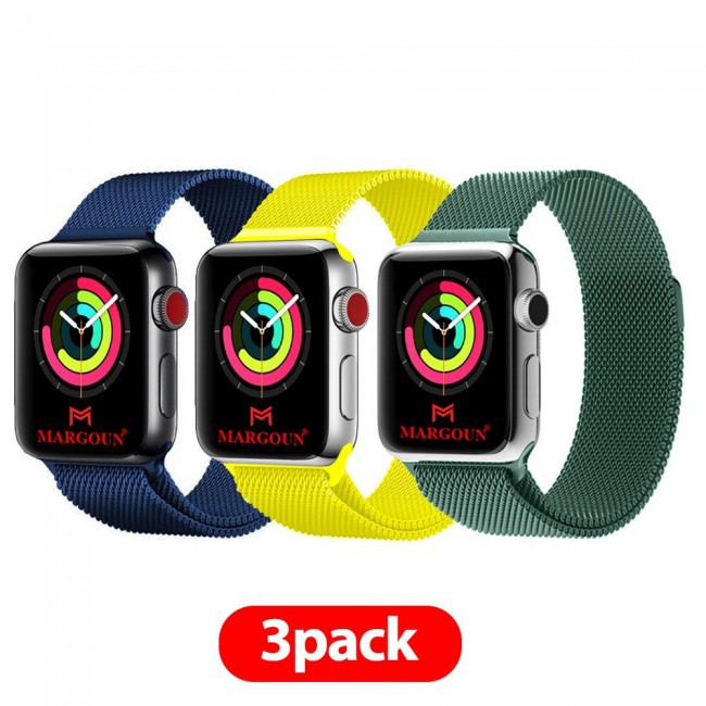 3Pack Apple Watch Band Magnetic Milanese Strap 38-40-41mm by Margoun – Dark Blue Yellow Dark Green