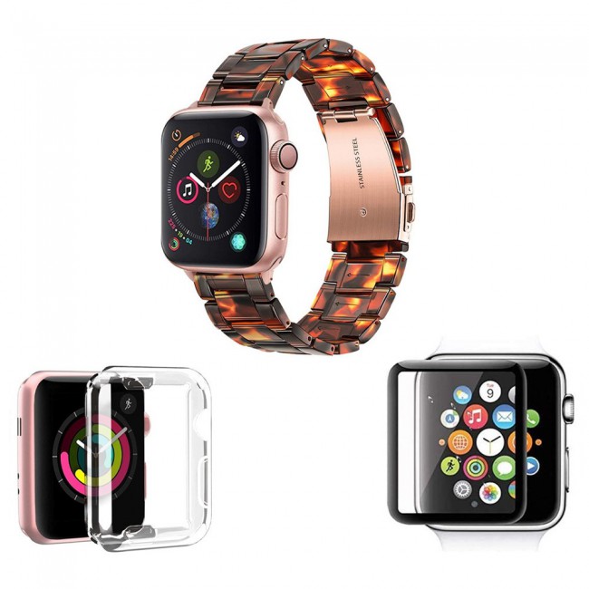 3Pack Apple Watch Band Resin Strap with TPU Protective Cover and 3D Screen Protector 44mm by Margoun - Marble Black Brown