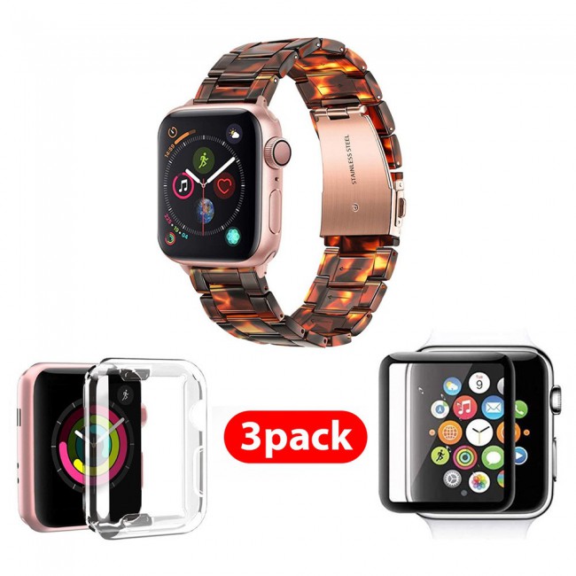3Pack Apple Watch Band Resin Strap with TPU Protective Cover and 3D Screen Protector 44mm by Margoun - Marble Black Brown