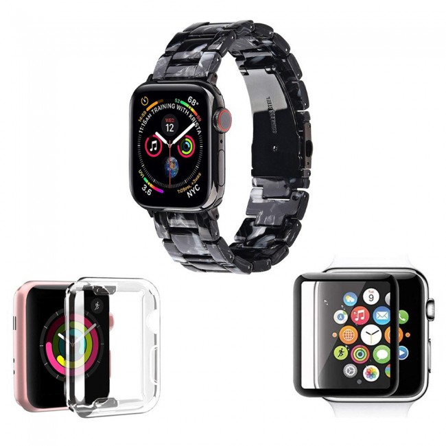 3Pack Apple Watch Band Resin Strap with TPU Protective Cover and 3D Screen Protector 44mm by Margoun - Marble Black White