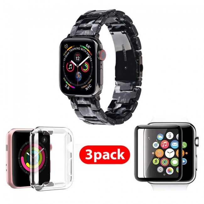3Pack Apple Watch Band Resin Strap with TPU Protective Cover and 3D Screen Protector 44mm by Margoun - Marble Black White