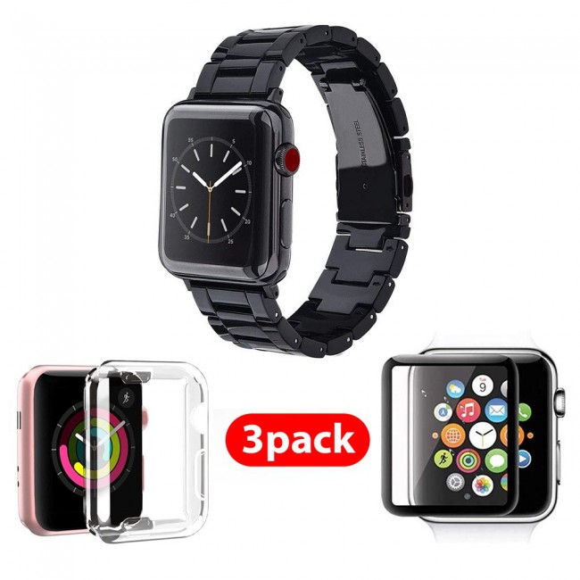 3Pack Apple Watch Band Resin Strap with TPU Protective Cover and 3D Screen Protector 44mm by Margoun - Black